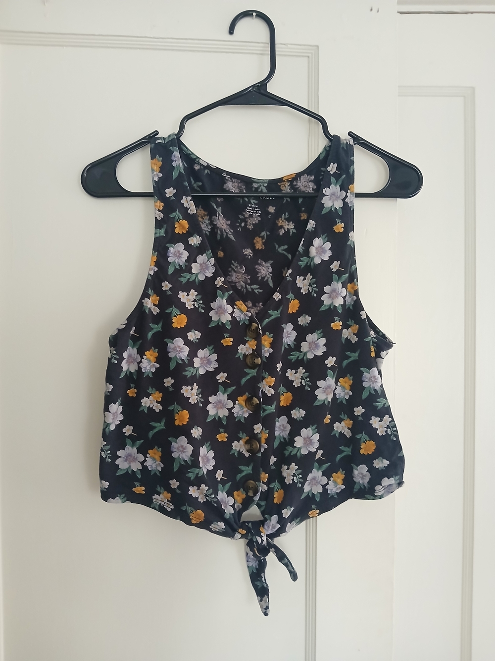 Floral Tie-Front Tank Top - Black with Lavender & Mustard Flowers